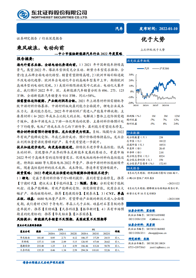 中小市值組新能源汽車行業2022年度策略：乘風破浪，電動向前-東北證券