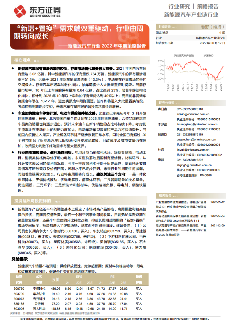 新能源汽車行業2022年中期策略報告：“新增+置換”需求端雙重驅動，行業由周期轉向成長-東方證券