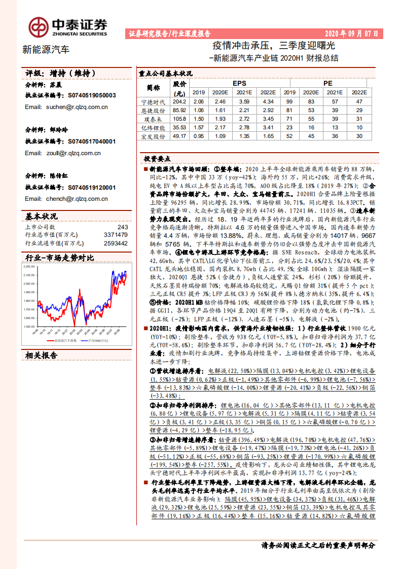 新能源汽車產業(yè)鏈2020H1財報總結：疫情沖擊承壓，三季度迎曙光-中泰證券