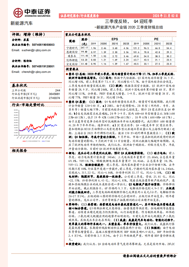新能源汽車產業(yè)鏈2020三季度財報總結：三季度反轉，Q4迎旺季-中泰證券
