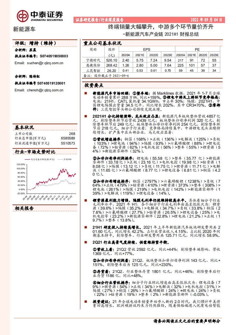 新能源汽車產業(yè)鏈2021H1財報總結：終端銷量大幅攀升，中游多個環(huán)節(jié)量價齊升-中泰證券