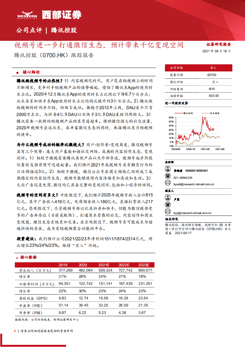 騰訊控股：視頻號進一步打通微信生態，預計帶來千億變現空間-西部證券-20210618
