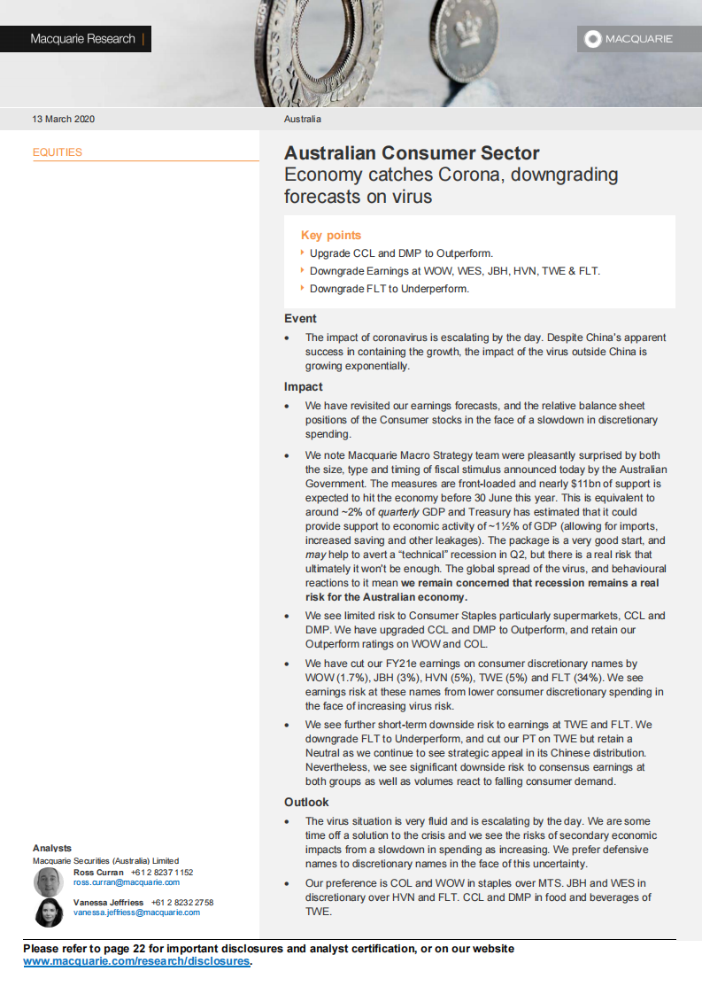 麦格理-亚太地区-消费品行业-澳大利亚消费品行业：经济受到影响，降低了对病毒疫情的预测-2020.3.13-24页 第1页