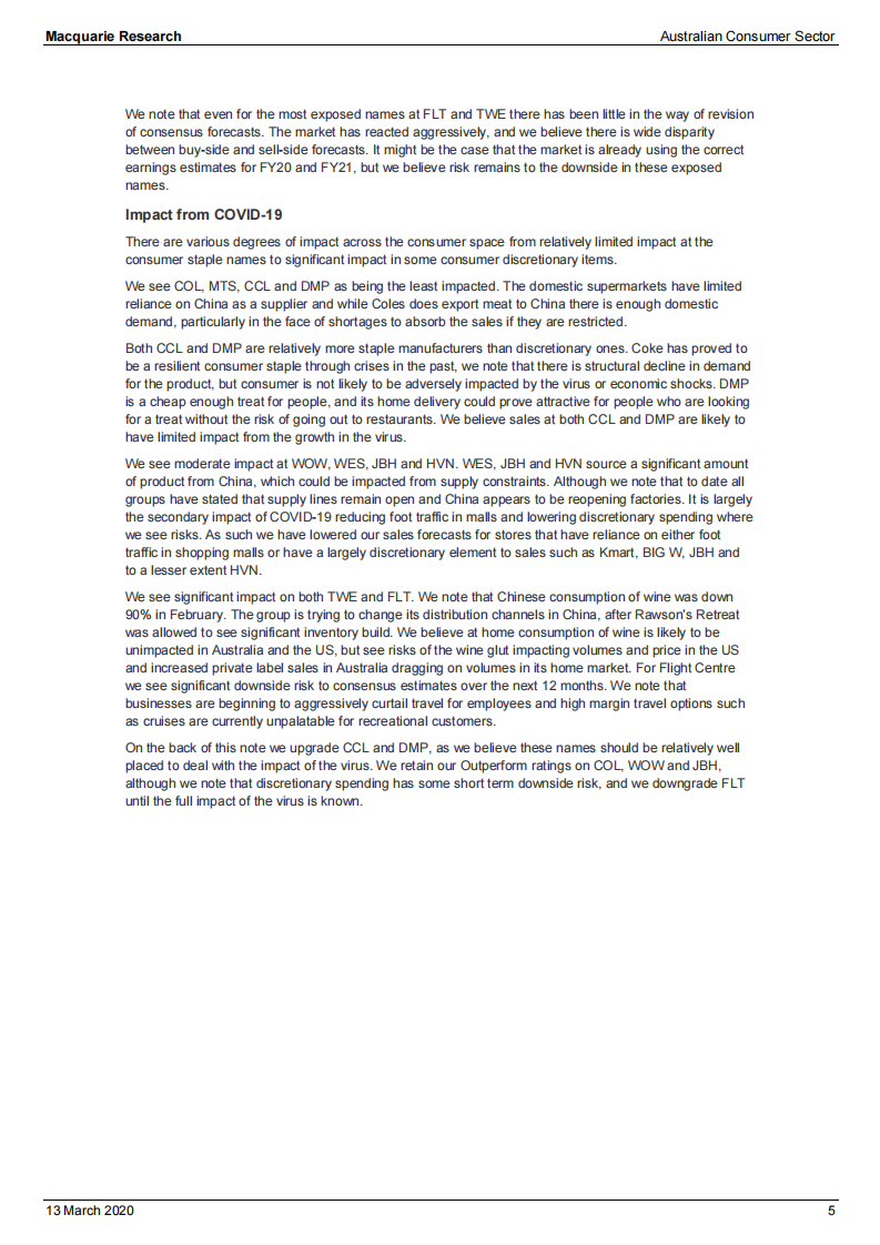 麦格理-亚太地区-消费品行业-澳大利亚消费品行业：经济受到影响，降低了对病毒疫情的预测-2020.3.13-24页 第5页