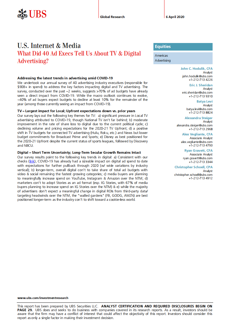 瑞银-美股-互联网与媒体行业-美国互联网与媒体业：关于电视和数字广告，40位广告主管告诉了我们什么？-2020.4.6-37页 第1页