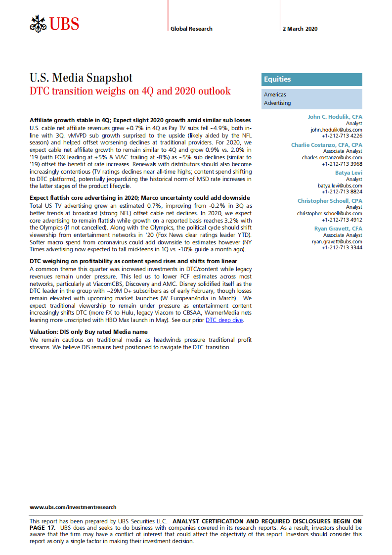 瑞银-美股-媒体与广告业-美国媒体速览：DTC转型将影响第四季度和2020年的前景-2020.3.2-25页 第1页