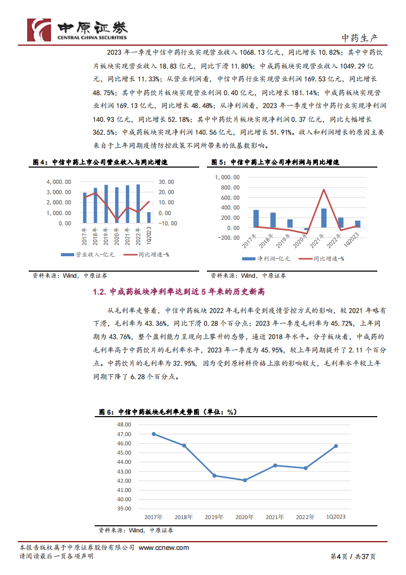 中原证券：中药生产行业深度分析-22年增收不增利-23年一季度中成药板块明显改善 第4页