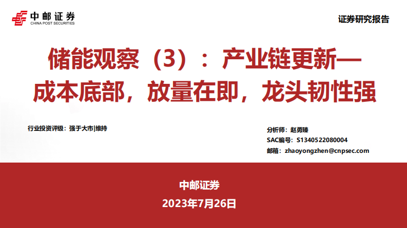 儲能行業證券研究報告：產業鏈更新，成本底部，放量在即，龍頭韌性強
