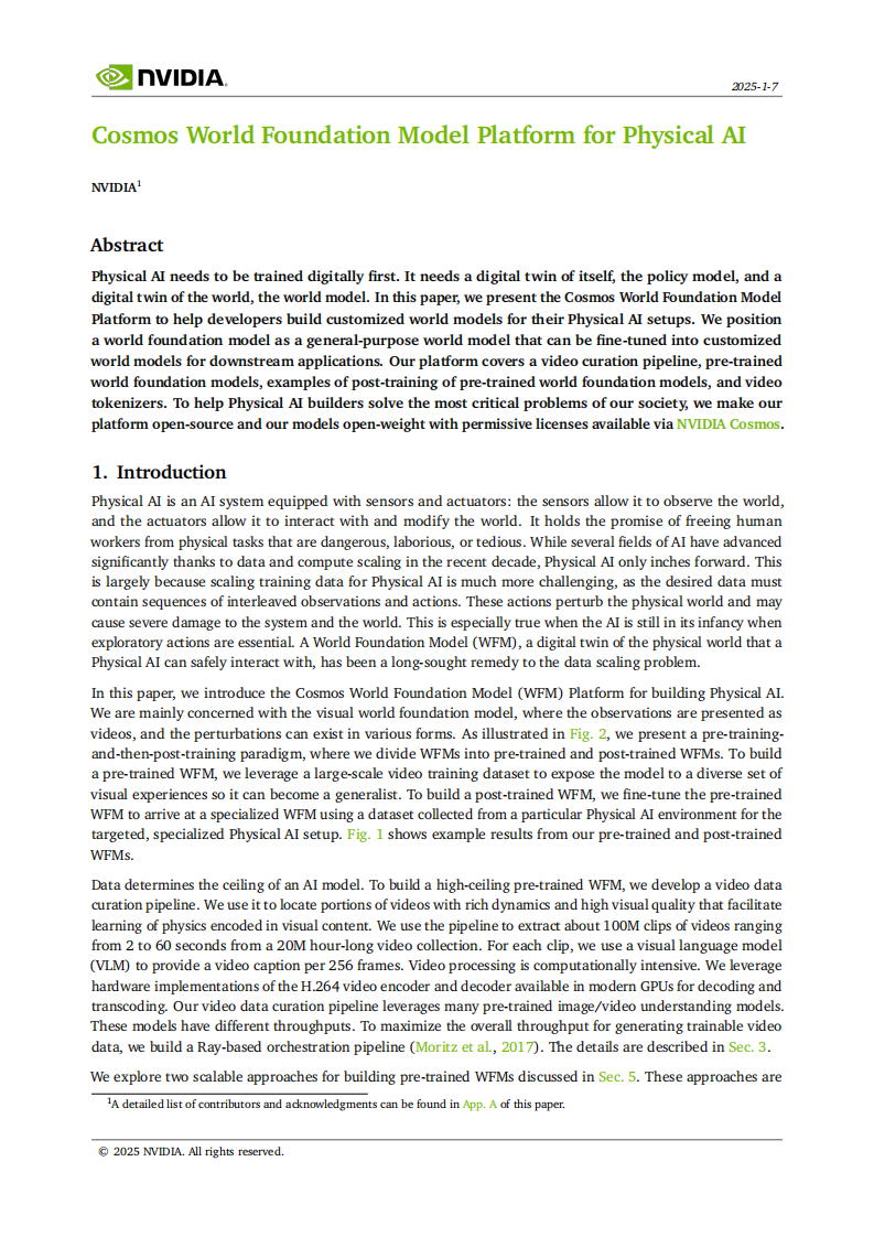 英伟达Cosmos世界基础模型平台：物理人工智能研究报告（英文） 第1页