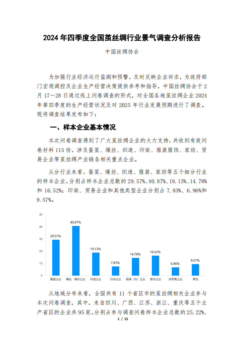 2024年四季度全國繭絲綢行業景氣調查分析報告