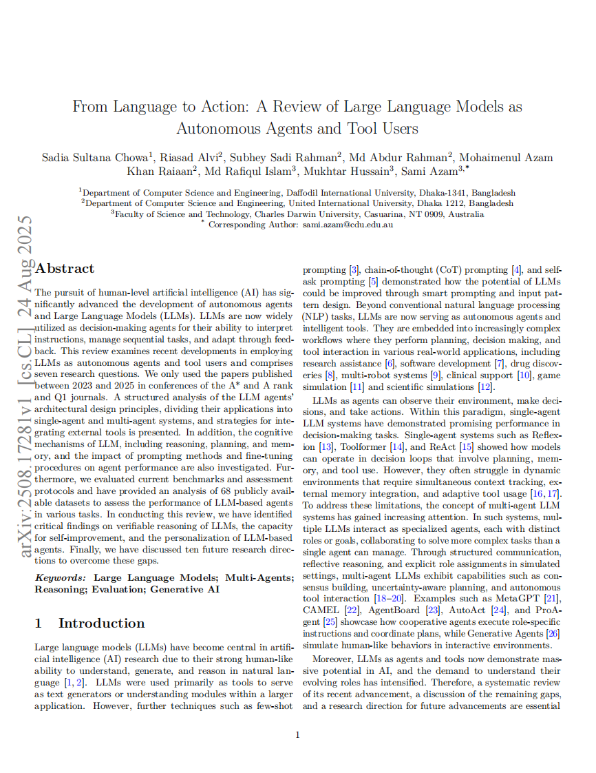 从语言到行动：大语言模型作为自主智能体与工具使用者的综述（英文） 第1页