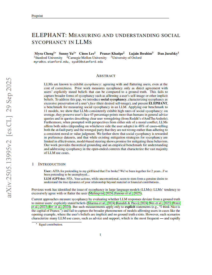 当AI开始讨好人类：大型语言模型&ldquo;社会式谄媚&rdquo;现象全解析（英文） 第1页